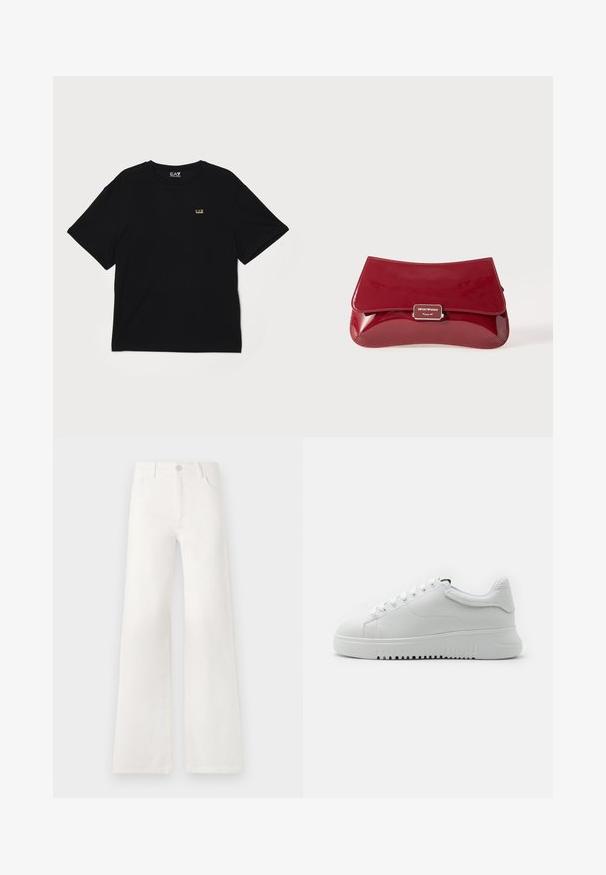 Melna kokvilnas T-kreklā ar īsām piedurknēm, apaļo kaklu un mazu zelta logotipu kreisajā krūtīs. Gluda tekstūra un brīvi pieguļoša fasona.; Baltas, augsto jostasvietu platās kājas džinsi, izgatavoti no denima. Iekļauj pogu aizdari, divas priekšējās kabatas un sānu šuves ar šuvju detaļām.; Baltas sporta apavi ar teksturētu ādas virsu, apaļu purngalu un auklu aizdari. Bieza balta gumijas zole ar teksturētu saķeres rakstu.; Sarkans laka ādas clutch kabatas maisiņš ar izliekta dizaina, locīšanas vāku un metāla logotipa akcentu uz sudraba plāksnes. Gluda, spīdīga tekstūra.