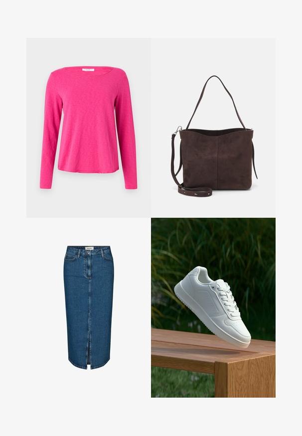 Rúško s dlhým rukávom v jasnej ružovej farbe, vyrobené z jemnej štruktúrovanej látky. Má široký výstrih a voľný strih s rovnou dolnou hranou.; Džínová sukňa nastavujúca na ceruzku v tmavomodrej farbe, s predným rozparkem, piatimi vreckami a kontrastným prešívaním. Stredne vysoký pás s klasickým dizajnom.; Biele tenisky s hladkým syntetickým zvrškom, perforovanou špičkou, plochými šnúrkami a textúrovanou podrážkou, vystavené na drevenej ploche.; Hnedá semišová taška s mäkkou textúrou, vybavená jedným ramenným popruhom a jemne zakriveným horným otvorom. Bez viditeľných hardvérových detailov.