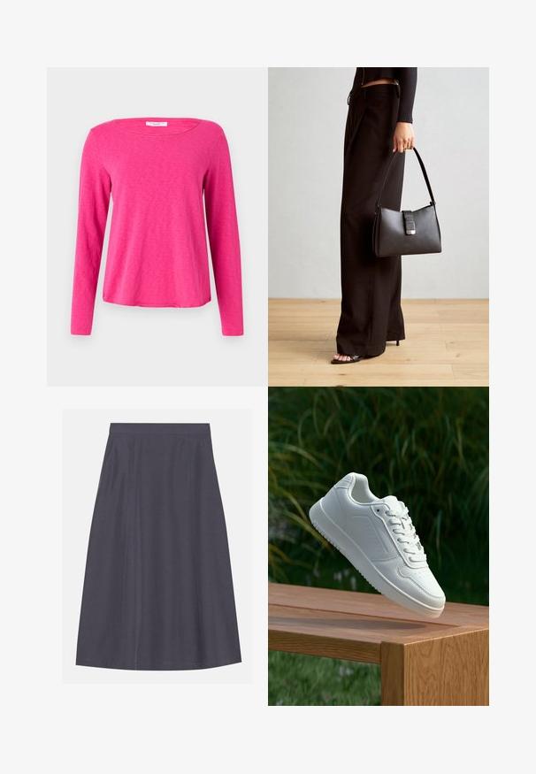 Langärmliges T-Shirt in leuchtendem Pink, aus weichem, strukturiertem Stoff. Hat einen weiten Ausschnitt und eine lockere Passform mit geradem Saum.; A-Linie, dunkelgrau Röcke aus einem glatten Stoff mit seitlichen Taschen, featuring einen sauberen Bund und dezente Nahtdetails.; Weiße Sneaker mit einem glatten, synthetischen Obermaterial, perforierter Zehenbox, flachen Schnürsenkeln und einer strukturierten Sohle, präsentiert auf einer Holzoberfläche.; Schwarze Handtasche mit strukturierter Form, glatter Textur und einem metallischen Verschluss. Kombiniert mit weiten schwarzen Hosen und offenen Sandalen auf einem Holzboden.