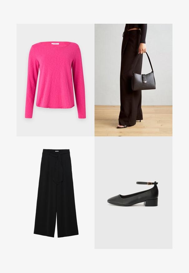 Long-sleeve shirt in bright pink, made of soft, textured fabric. Features a wide neckline and a relaxed fit with a straight hem.; Black wide-leg pants featuring a textured fabric, an elastic waistband, and a detachable sash tie at the waist for adjustable fit.; Black leather pump with a pointed toe and a low block heel. Features an ankle strap with a gold-tone buckle. Smooth texture.; Black handbag with structured shape, smooth texture, and a metallic clasp. Paired with wide black pants and open-toe sandals on wooden floor.
