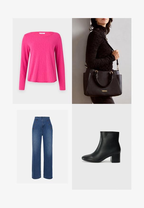 Dug nadjev s dugim rukavima u jarko ružičastoj boji, izrađen od mekanog, teksturiranog materijala. Ima široku izrezu i opuštenu siluetu s ravnim rubom.; Traperice visokog struka u srednje plavoj boji. Imaju detalje s prednjim dugmadi i široki kroj. Tkanina ima glatku teksturu s blagim izblijedjenjem.; Crne kožne čizme do članaka s uskim vrhom i debelim potplatom. Glatka tekstura s minimalnim detaljima i elegantan, prilagođen dizajn.; Crna torba s teksturiranom površinom, dvostrukim gornjim ručkama i podesivom remenom za rame. Ima zlatne metalne detalje i bočne džepove.