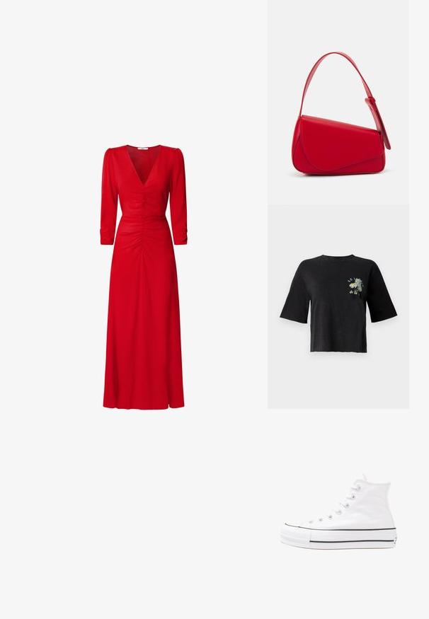 Melna saīsināta T-kreklā ar īsām piedurknēm un apaļu kakla izgriezumu, uz kura priekšpuses ir ziedu izšuvums un uzraksts "LE JARDIN de la".; Sarkana kleita ar V veida kakla izgriezumu, trīs ceturtdaļu piedurknēm un ruched detaļām viduklī un mugurā. Audums izskatās gluds un viegls.; Balti augstie kanvas sporta apavi ar melnu gumijas zoli, priekšējo gumijas purngalu un sešām acīm lencēm, kuriem ir tīrs, minimālistisks dizains.; Sarkans ādas rokassomi ar stūrainu, ģeometrisku dizainu. Iekļauj vienu regulējamu siksnu un vāku ar izšūtu detaļu.