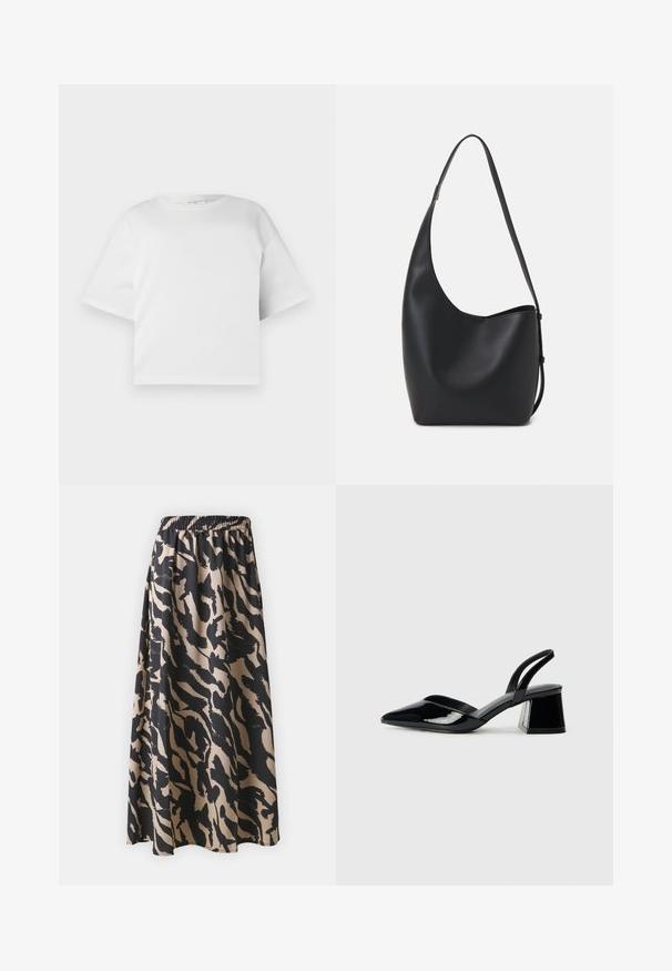 Bílý zkrácený tričko z hladké bavlny, s kulatým výstřihem a krátkými, širokými rukávy. Jednoduchý, čistý design bez viditelných vzorů.; černá a béžová dlouhá sukně s elastickým pasem, s abstraktním vzorem zvířecího tisku a volným střihem.; Černé lakované kožené lodičky na pásku s špičatou špičkou a geometrickým blokovým podpatkem. Vyznačují se elegantním, minimalistickým designem a hladkým povrchem.; Černá kožená hobo taška s hladkým povrchem, zakřiveným tvarem a jedním nastavitelným popruhem; má široké otevírání nahoře.