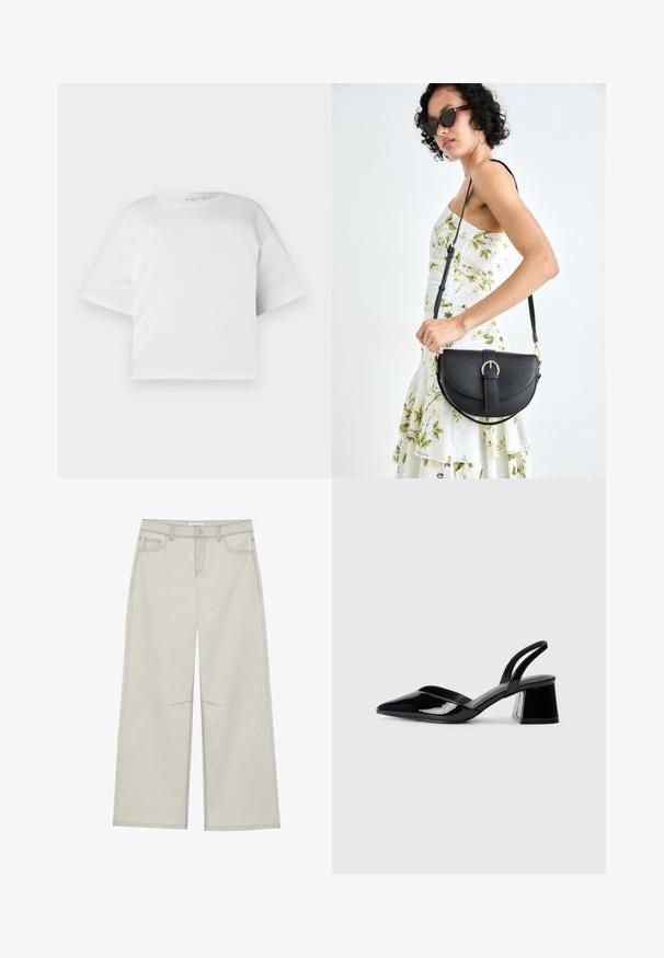 T-shirt bianca a maniche corte, cropped, realizzata in morbido cotone. Presenta un collo rotondo e maniche corte e larghe. Design semplice e pulito, senza pattern visibili.; Pantaloni a gamba larga grigio chiaro con cinque tasche, chiusura frontale con bottone e cuciture a contrasto lungo le cuciture. Il tessuto appare morbido e resistente.; Décolleté in vernice nera con punta affusolata e tacco in geometria cubica. Presentano un design elegante e minimalista, con una texture liscia.; Borsa a tracolla nera in pelle con una forma curva, manico rimovibile e accessori dorati. La borsa presenta una patta con un dettaglio a fibbia.