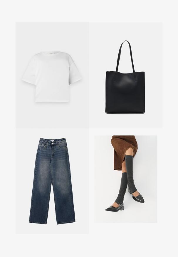 Hvit avkortet T-skjorte laget av glatt bomull, med rund hals og korte, vide ermer. Enkelt, rent design uten synlige mønstre.; Herre høyulde blå denimjeans med vide bein, frontknapp og glidelås, samt front- og baklommer.; Sorte lakkpumps med spiss tå, blokkhel, og ankelstropp, kombinert med grå ribbestrikkede beinvarmere og et brunt semsket skinn skjørt.; Svart lær tote bag med glatt tekstur, rektangulær form og to lange håndtak. Ingen synlige deler eller dekorasjoner.