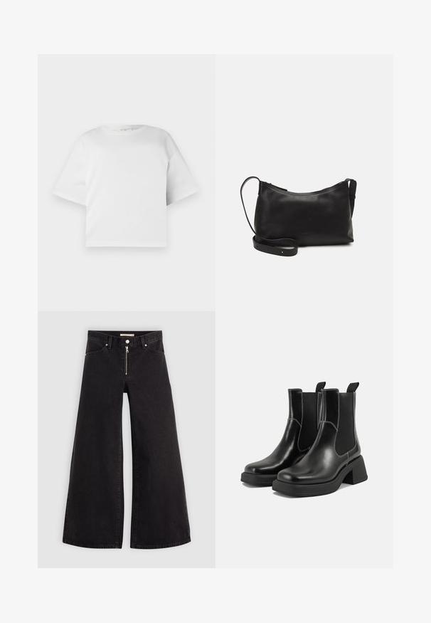 Hvid cropped t-shirt lavet af glat bomuld, med rund hals og korte, brede ærmer. Enkel, ren design uden synlige mønstre.; Vide ben jeans i sort denim med lynlås foran, fem lomme-design og subtile stikninger. Glat tekstur og afslappet stil.; Sorte læder Chelsea-støvler med en kraftig hæl, elastiske sidepaneler og kontrastfarvet hvid syning. Tekstureret overflade.; Sort læder skuldertaske med en glat tekstur, buet form, justerbar rem og lynlås. Minimalistisk design uden udsmykninger.