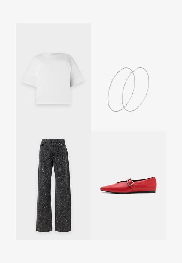 T-shirt bianca a maniche corte, cropped, realizzata in morbido cotone. Presenta un collo rotondo e maniche corte e larghe. Design semplice e pulito, senza pattern visibili.; Noisy May NMJANNEL LOOSE - Jeans baggy - black denim; Scarpa piatta in pelle rossa con punta affusolata, dotata di un cinturino laterale con fibbia in metallo e un tacco basso nero. Texture liscia su tutta la superficie.; Orecchini a cerchio in argento con un design minimalista. Forma circolare, superficie liscia e profilo sottile. Leggeri con una finitura lucida.