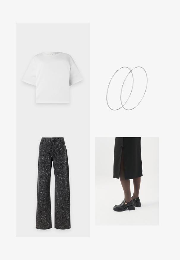 Wit cropped t-shirt gemaakt van zachte katoen, met een ronde hals en korte, wijde mouwen. Eenvoudig, strak ontwerp zonder zichtbare patronen.; Noisy May NMJANNEL LOOSE - Relaxed fit jeans - black denim; Zwarte leren schoenen met een ronde neus, dikke blokhak en elastische zijkanten, gecombineerd met donkere panty's en een zwarte rok met een split.; Zilveren hoepel oorbellen met een minimalistisch ontwerp. Cirkelvormig, gladde textuur en dun profiel. Lichtgewicht met een gepolijste afwerking.