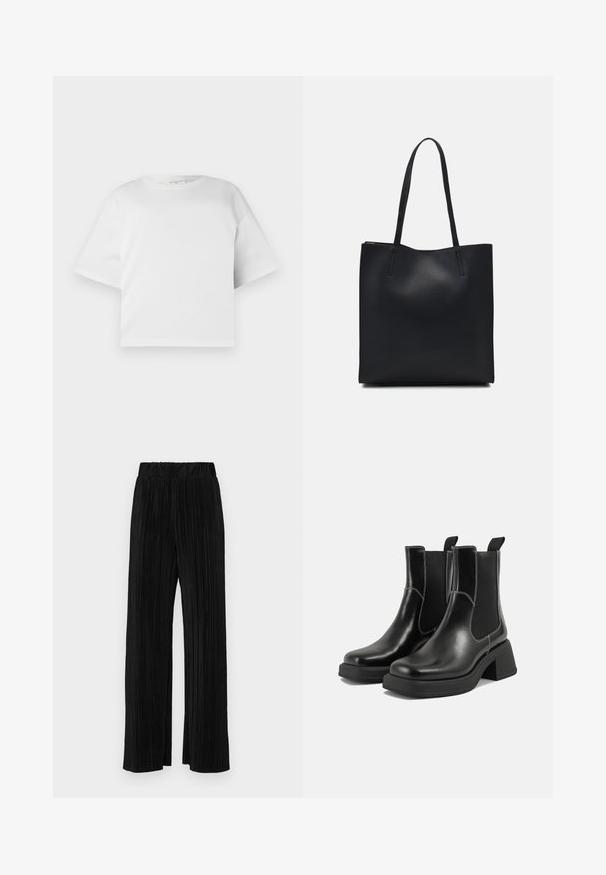 T-shirt blanc court en coton lisse, avec un col rond et des manches courtes et larges. Design simple et épuré sans motifs visibles.; Pantalons plissés noirs avec une taille élastique. Présente des jambes larges et un tissu lisse texturé avec des rayures verticales.; Bottes Chelsea en cuir noir avec un talon épais, des panneaux latéraux élastiques et des coutures blanches contrastantes. Fini texturé.; Sac fourre-tout en cuir noir avec une texture lisse, de forme rectangulaire et deux longues poignées. Pas de matériel ou d'ornementations visibles.