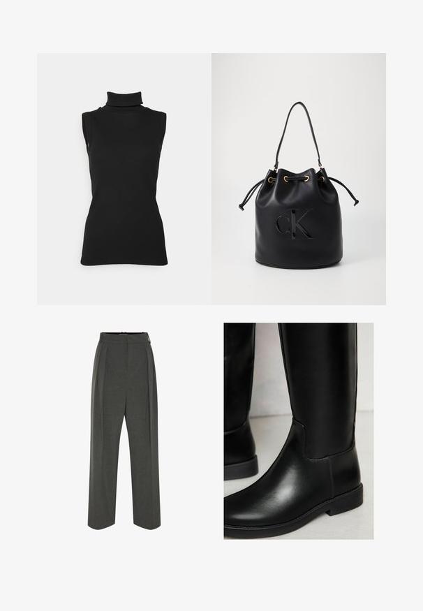 Must mustriga mustata turtleneck-särgid, valmistatud ribakujulisest kangast, kõrge kaelusega ja kehasse kinnitatud siluett. Sujuv tekstuur ja minimaalne disain.; Hallid laia jalaga püksid tekstuurse kangaga, millel on kõrge vöökoht ja ees voldid. Disainis on sile vöökoht ja nähtamatud kinnitused.; Mustad mustad kuni põlvedeni ulatuvad saabaste must nahk, sile tekstuur, ümar nina, minimaalsed õmblused ja madal plokkkonts. Omab voolavat, hästi istuvat disaini.; Mustast nahkakoti, millel on nööriga sulgemine, esiküljel läikiv "CK" logo ja kuldse tooni dekoratiivsed detailid.