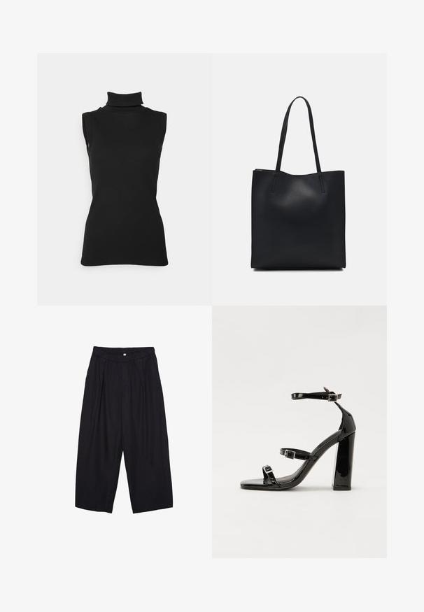 Czarny bezrękawnik z golfem wykonany z prążkowanego materiału, z wysokim kołnierzem i dopasowanym krojem. Gładka tekstura z minimalnymi detalami.; Czarne spodnie culotte z poliestru z elastycznym pasem, dwoma fałdami z przodu i luźnym krojem. Brak widocznych wzorów lub elementów metalowych.; Czarne lakierowane sandały na obcasie z kwadratowym noskiem, z paskami wokół kostki i srebrnymi klamrami. Posiadają masywny słupek dla stabilności.; Czarna skórzana torba tote o gładkiej fakturze, prostokątnym kształcie i dwóch długich uchwytach. Brak widocznych elementów metalowych i ozdób.