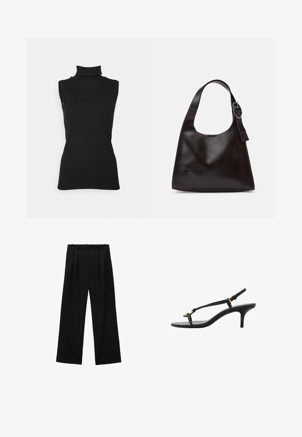 Černý bezrukávový rolák vyrobený z žebrované tkaniny, s vysokým límcem a přiléhavým střihem. Hladká textura s minimálními detaily.; Černé široké kalhoty s plisováním, s hladkou texturou a vysokým pasem. Minimalistický styl, žádné viditelné kovové prvky nebo ozdoby.; Černé kožené sandály na kotníkovém podpatku s tenkými pásky, zlatou sponou a minimalistickým provlečením na prstech na bílém pozadí.; Hnědá kožená taška přes rameno s hladkou texturou, zaobleným tvarem, širokým popruhem a kulatým kovovým akcentem na rukojeti.