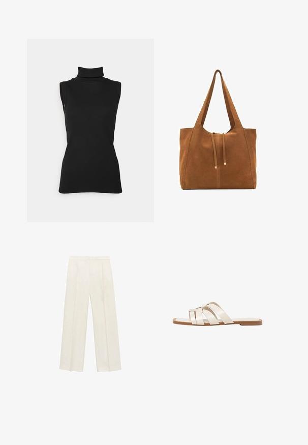 Top nero senza maniche in tessuto a coste, caratterizzato da un collo alto e una silhouette aderente. Texture liscia con dettagli minimi.; Pantaloni a gamba larga di un leggero colore crema. Realizzati in un tessuto morbido con pieghe sul davanti e tasche laterali.; Infradito con suola in gomma color talpa, progettate con tre cinturini in pelle bianca sovrapposti e un piccolo dettaglio a fiocco al centro.; Borsa a tracolla in suede marrone con due lunghe cinghie, chiusura con cordoncino e design minimalista. Texture liscia e senza elementi hardware visibili.