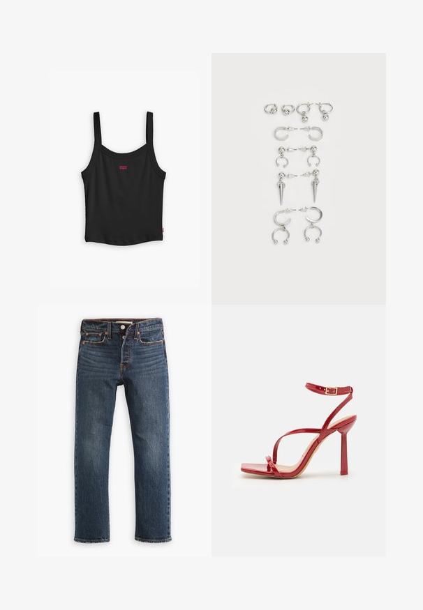 Crna rebrasta majica bez rukava s tankim trakama, sa malim crvenim Levi's logotipom na prednjoj strani i ravnim rubom.; Tamno plave traperice ravnog kroja. Imaju prednje džepove, patentni zatvarač s gumbima i vidljive šavove kao ukras. Hrapava tekstura.; ALDO SCINTILLA - Sandale s visokom petom - red; Set srebrnih naušnica koje sadrže razne dizajne: kružne, naušnice s dugmetom i viseće stilove, s lopticama i oštrim elementima.