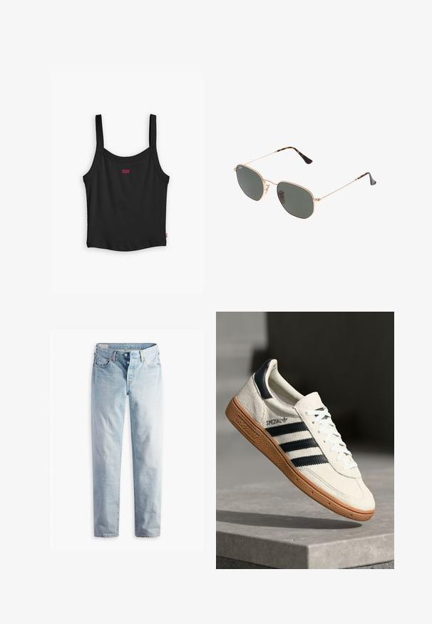 Must mustriba tank top õhukeste rihmadega, mille esiküljel on väike punane Levi's logo ja sirge alläär.; Heledad sinine denimidest püksid sirge lõikega, kahe esipocketi ja kahe tagataskuga. Omandab kahekaupa nööbivahendi ja peene õmbluse.; Valge suede toss, millel on tumesinised triibud, kummist alus, tekstureeritud pealis, ümar varvas ja paelad; külgedel ja keelel on brändingu elemendid.; Kuldne metallraamiga prillid tumeroheline lensega, piloot-stiil, millel on õhukesed käepidemed ja kilpkonna mustriga aktsendid otstes.; Hallhalli sünteetiline kott, millel on kaks pikka sangaga käepidet ja sobiv väike lukuga kott, millel on tut. Sile tekstuur koos peense mustriga.