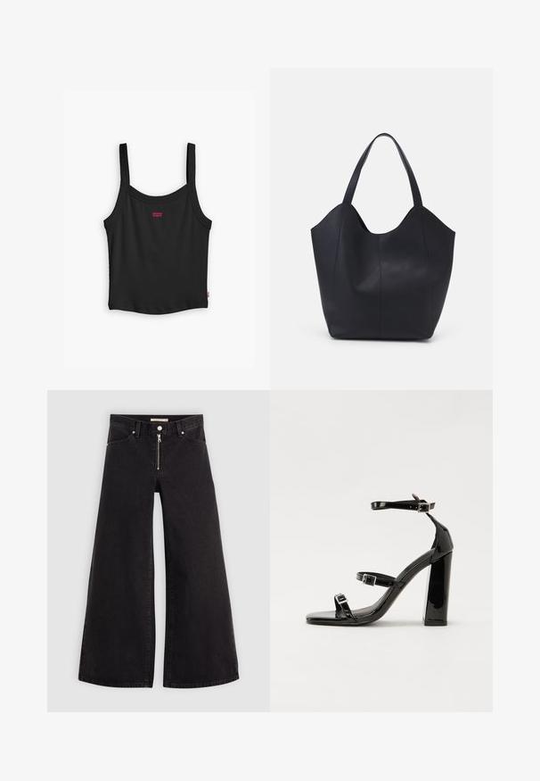 Melnas ribotas bezē ar plānām siksnām, ar mazu sarkanu Levi's logo centrā priekšpusē un taisnu apakšmalu.; Platas kājas džinsi melnā džinsa audumā ar rāvējslēdzēju priekšā, piecu kabatu dizains un smalkas šuvju detaļas. Gluda tekstūra un ikdienišķs stils.; Melnas lakotas augstpapēžu čības ar kvadrāta purngalu, potīšu siksniņām un sudraba sprādzēm. Aprīkotas ar masīvu bloku papēdi stabilitātei.; Melnas rokassomas, kas izgatavota no gludas ādas, ar izliekto atvērto augšu, divām plecu jostām un minimālistisku dizainu.