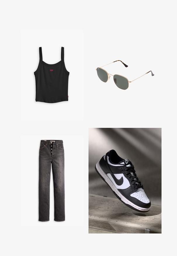 Svart ribbet tank topp med tynne stropper, med en liten rød Levi's-logo midt foran og en rett hem.; Svarte høye jeans med rette ben, laget av denim. Har knappestolpe, kobberdetaljer og kontrastsøm.; Svart og hvit Nike Dunk Low sneaker med skinnoverdel, perforert tåboks og svarte snøringer, med hvit såle og logoaksenter.; Gull metallrammede solbriller med mørkegrønne linser, pilotstil, med slanke armer og skilpaddeskall detaljer på tuppene.; Svart totebag med geometrisk mønster, laget av teksturert materiale. Har robuste håndtak og et merke, med strukturert form.