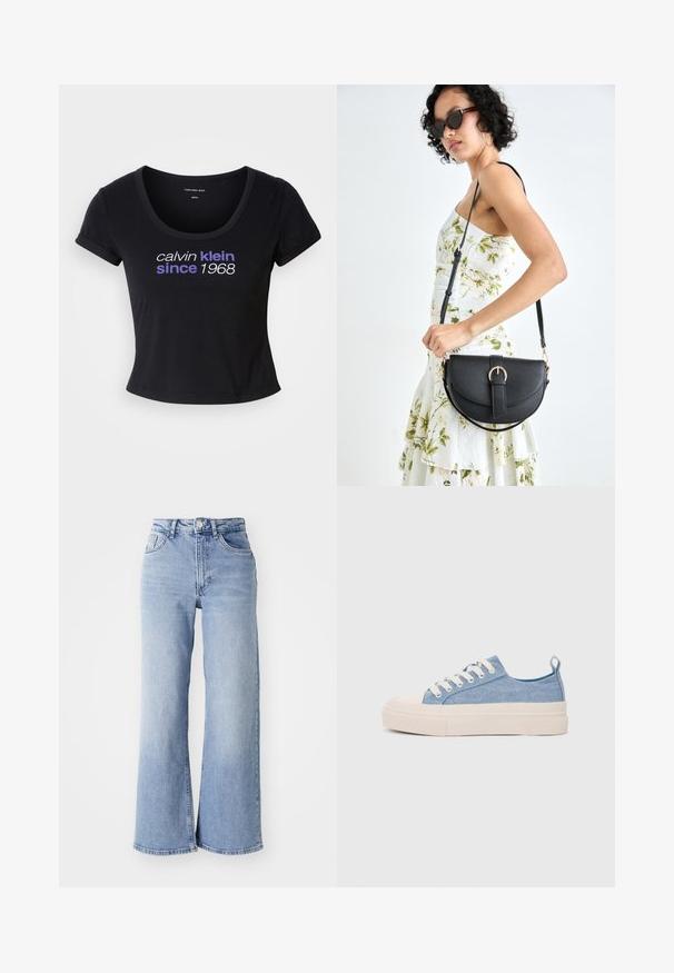 Musta puuvillapaita, jossa on muotoiltu malli, avara kaula-aukko, lyhyet hihat ja valkoinen sekä violetti teksti, joka lukee "calvin klein since 1968."; Vaaleansiniset korkeavyötäröiset leveälahkeiset farkut, joissa on etu- ja takataskut, nappikiinnitys ja hillitty haalistuminen reisissä ja helmassa.; Vaaleansiniset kangaskengät, joissa on kerma värinen kuminen varvaskuppi ja pohja, valkoiset nauhat ja vetotappi kantapäässä.; Musta nahkainen käsilaukku, joka on kaareva muotoilultaan, irrotettavalla hihnalla ja kultaisilla yksityiskohdilla. Laukussa on läppä, jossa on solk yksityiskohta.