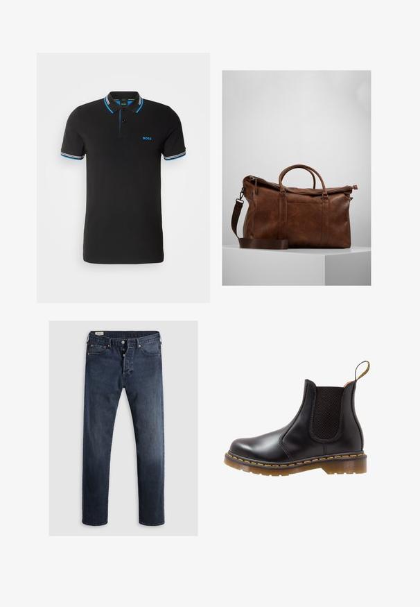 BOSS PAUL - Pikeepaita - black; Tummansininen farkkushortsit, joissa on suora leikkaus. Varustettu vetoketjulla, metallinapeilla ja kuparirautalangalla. Hienostunut pinta, ei näkyviä kuvioita.; Musta nahkainen Chelsea-tossu joustavilla sivupaneeleilla, keltaisilla ompeleilla ja teksturoidulla kumipohjalla. Varustettu vetotabilla helppoa pukemista varten.; Ruskea nahkainen laukku, jossa on vetoketjuluukku, kaksinkertaiset kahvat, säädettävä olkahihna ja pinnassa näkyviä tekstuurikuviota.