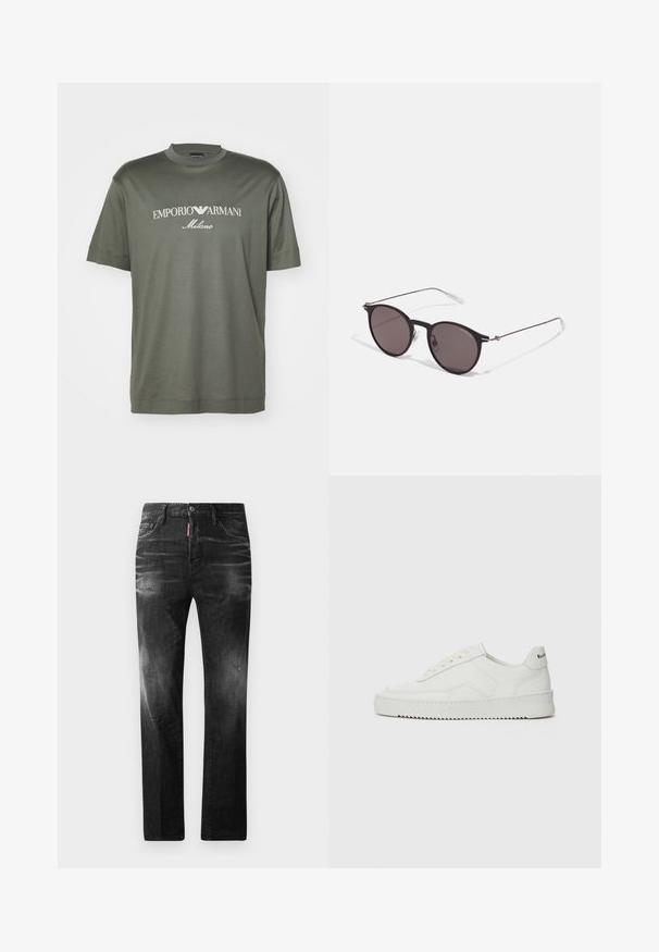 Dark green cotton t-shirt with a crew neck, featuring a white logo reading "EMPORIO ARMANI Milano" across the chest. Short sleeves.; Black denim jeans with a straight fit. Features faded areas, minor distressing, classic five-pocket design, and a button closure.; White leather sneaker with a smooth finish, round toe, flat laces, and a textured sole. Features a subtle logo on the heel.; Black round sunglasses with dark lenses and slim metal arms. Includes clear temple tips and silver accents at the hinge. Minimalist design.