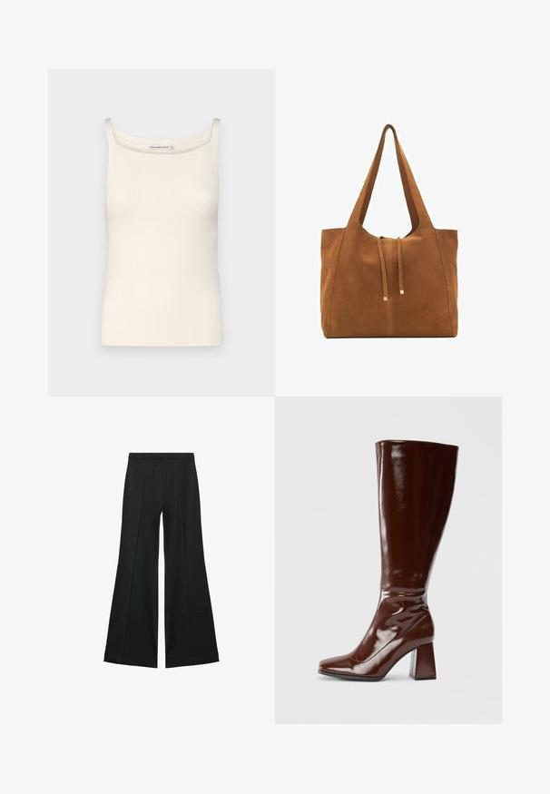 Cremfarbener, gerippter Tanktop mit dünnen Trägern und einem runden Ausschnitt, der eine glatte Textur und eine taillierte Form aufweist.; Schwarze weit geschnittene Hose mit glatter Textur, ausgestattet mit Frontfalten und einem taillierten Design. Der Stoff ist leicht und fließend.; Knöchelhohe braune Lacklederstiefel mit quadratischer Spitze, glänzender Oberfläche und stabilen Blockabsätzen. Nahtloses Design ohne sichtbare Beschläge.; Braune Wildleder-Tasche mit zwei langen Trägern, Zugverschluss und minimalistischem Design. Glatte Textur und keine sichtbaren Hardware-Details.