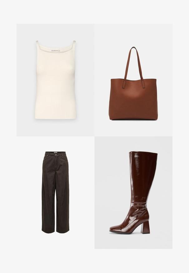 Kreemitooni ribitud särk õhukeste rihmadega ja ümaral kaelusel, millel on sile tekstuur ja liibuv lõige.; Tumed pruunid laia säärega püksid, valmistatud puuvillast, klassikalise vöökohaga, vetthülgava taljega, viie tasku ja minimalistlike õmblusdetailidega.; Knee-high pruunid sädelevad nahast saapad ruudukujulise varbaga, läikiva viimistluse ja stabiilse Chunky kontsaga. Üksik disain, ilma nähtava riistvarata.; Pruun nahast tote-kott, millel on sile tekstuur, avatud ülaosa disain ja kaks õlarihma. Omab minimaalset õmblust ja nähtavat riistvara ei ole.