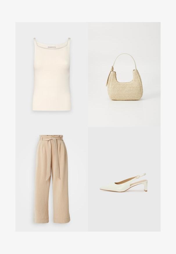 Cream-colored ribbed tank top with thin straps and a scoop neckline, featuring a smooth texture and a fitted shape.; Beige wide-leg trousers with a belted waist, made of textured fabric. Features a front pleat and a smooth finish along the hem.; White patent leather slingback shoe with a pointed toe and a low block heel. Features a subtle strap with a gold-tone buckle detail.; Woven straw handbag in beige with a curved shape, a short handle, and a side zipper. Features textured surface and minimalistic design.
