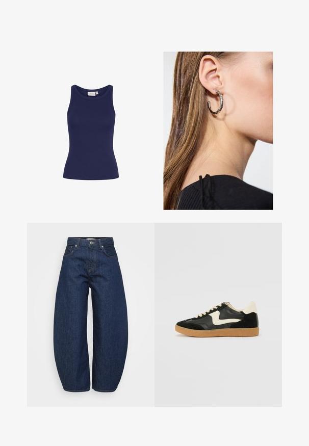 Tamsiai mėlynas juostuotas topas su apvaliu kaklu ir lieknu siluetu. Savybės: minkšta tekstūra, be matomų detalių ar raštų.; Aukštai juosmens tamsiai mėlynos džinsinės kelnės su plačiomis kojomis, priekyje esančiu mygtuku ir užtrauktuku, bei klasikine penkių kišenių išvaizda.; Juodos zomšo ir odos sportinės bateliai su kreminiu šoniniu swoosh ir šviesiai kreminiu kulnu. Ypatybės - smėlio spalvos raišteliai ir guminis padas.; Sidabrinė lankinė auskarai su poliruotu paviršiumi, turintys mažus auksinius akcentus ir apvalią formą, dėvimi ant ausies kaušelio.