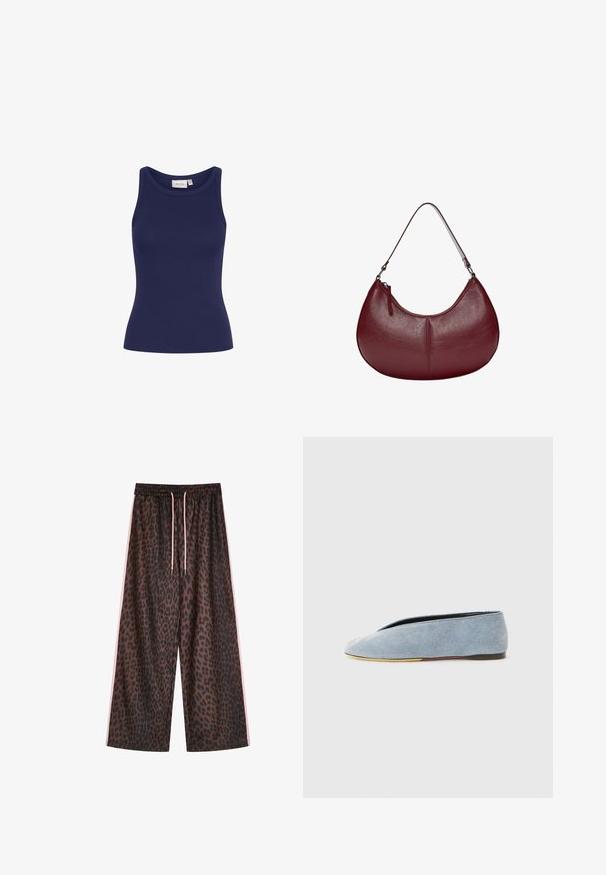 Sötétkék bordázott ujjatlan felső kerek nyakkal és karcsú fazonnal. Puha tapintású, és nem rendelkezik látható fémrészekkel vagy mintákkal.; Leopárdmintás, barna és fekete, bőrnadrág, rugalmas derékkal és rózsaszín húzózsinórral, valamint oldalsó rózsaszín csíkkal. Simaszerű anyagtextúra.; Világoskék denim slip-oncipő sima textúrával, mandula alakú orral és lapos fekete talppal. Minimális dizájn, alacsony profil.; Burgundi bőr kézitáska ívelt formával. Egyetlen vállpánttal és felső cipzárral rendelkezik, sima, textúrás felülettel.; Ezüst nyaklánc sima, ovális medállal, amelyen egy gravírozott, mosolygó arc található, zöld díszítésekkel. A lánc összekapcsolt szemekből áll.