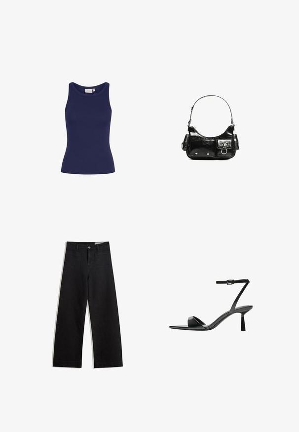 Navy blue ribbed tank top with a round neck and slim fit. Features a soft texture and no visible hardware or patterns.; Black wide-leg denim pants with a high waist, featuring front and back pockets, stitched seams, and a button closure. Smooth texture.; Bershka High heeled sandals - black; Black patent leather handbag with a curved shape, one shoulder strap, front pockets, and silver-tone hardware accents.