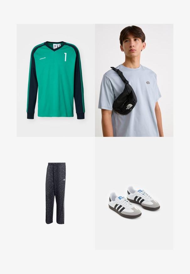 Roheline ja tumesinine pikakäistega särk V-kaelusega, millel on valge number "1" ja kolm triipu käiste ääres. Valmistatud pehmest kangast.; Mustadmustelised spordipüksid, millel on leopardimuster, valged kolmerealised triibud ja kerge brändi logo külgedel.; Spordijalatsid valge nahkpealsega, halli nubuk-naha otsaga ja kolme musta triibuga. Omab sinist logo keele peal ja struktureeritud kummitalda.; Must musta rihma kott, millel on reguleeritav rihm ja silmapaistev valge logo. Kandmine helesinise T-särgi peal. Lihtne ja funktsionaalne disain.