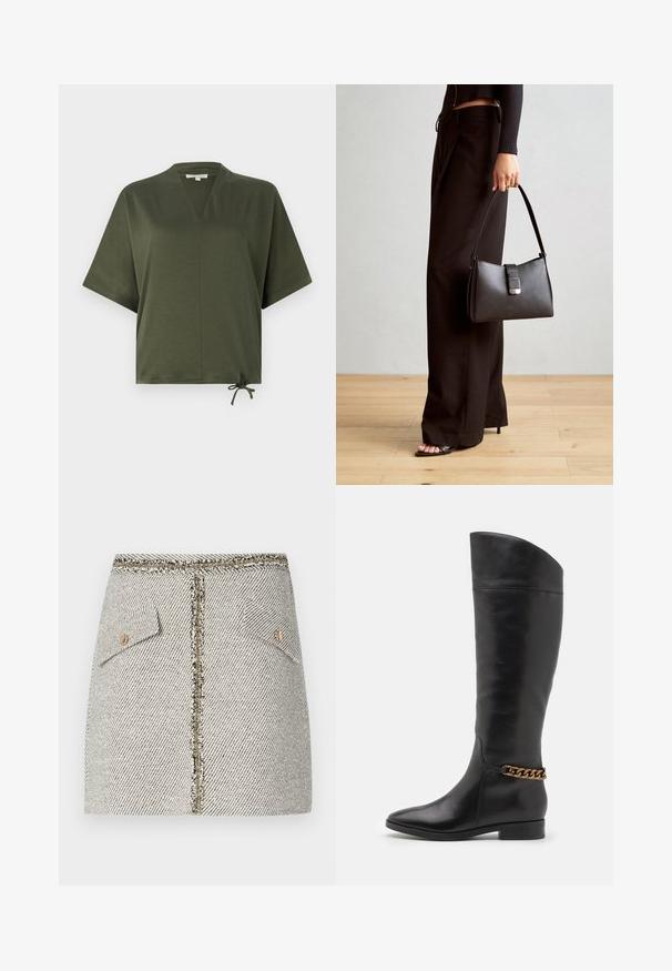 Olijfgroen T-shirt met korte mouwen, gemaakt van gladde stof, met een V-hals, een losse pasvorm en een verstelbare strik aan de onderkant.; Geweven tweed rok in een zwart-wit visgraatpatroon, met twee voorzakken en een gouden rits aan de achterkant met rafelige randen.; Hoge zwarte leren laarzen met een slank ontwerp, spitse neus en een gouden kettingaccent bij de enkel. Lage blokhak. Glad textuur.; Zwarte handtas met gestructureerde vorm, gladde textuur en een metalen sluiting. Gecombineerd met brede zwarte broeken en sandalen met open teen op een houten vloer.
