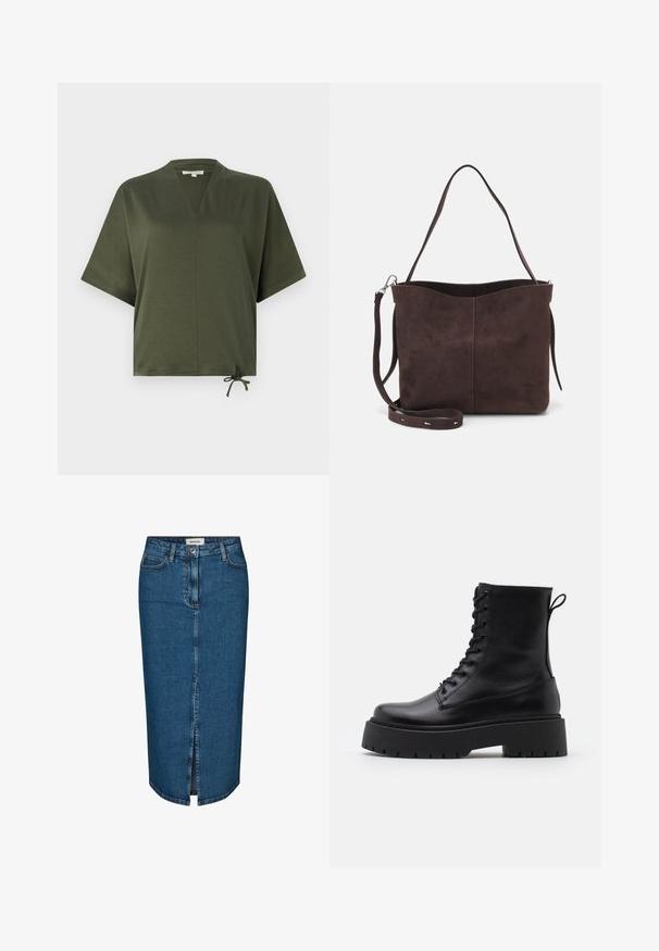 Olive green short-sleeve top made of smooth fabric, featuring a V-neck, loose fit, and adjustable tie at the hem.; Denim pencil skirt in dark blue, featuring a front slit, five pockets, and contrasting stitching. Mid-rise waist with a classic design.; Black leather ankle boots with a round toe, lace-up front, and a thick rubber sole featuring a textured tread. Pull tab at the back.; Brown suede tote bag with a soft texture, featuring a single shoulder strap and a subtle curved top opening. No visible hardware details.