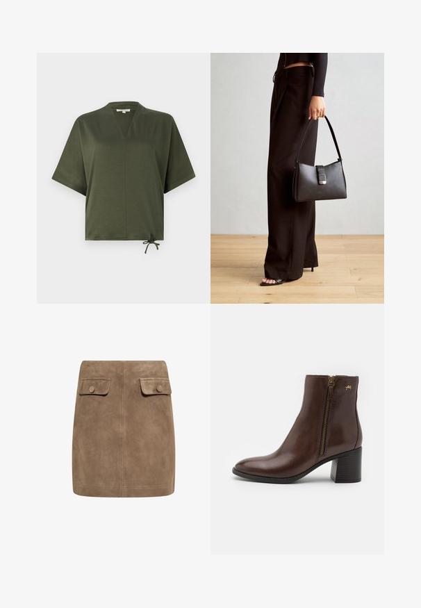 Zielonooliwkowa bluzka z krótkim rękawem wykonana z gładkiego materiału, z dekoltem w kształcie litery V, luźnym krojem i regulowanym wiązaniem na dole.; Brązowa zamszowa mini spódnica o gładkiej fakturze, z dwiema przednimi kieszeniami na klapki oraz zapięciem na guziki po obu stronach. Prosty, prosty krój.; Brązowy skórzany botek za kostkę z okrągłym noskiem, bocznym zamkiem błyskawicznym z złotym wykończeniem oraz obcasem w kształcie bloku z teksturowanym wzorem.; Czarna torebka o usztywnionym kształcie, gładkiej fakturze i metalowym zapięciem. Połączona z szerokimi czarnymi spodniami i sandałami na otwartym palcu na drewnianej podłodze.