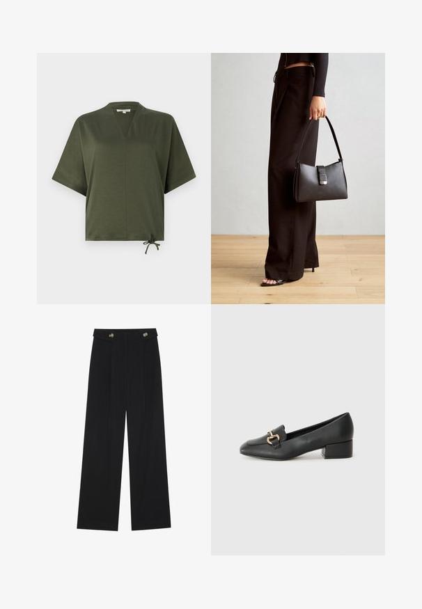 Top scurt cu maneci scurte, de culoare verde măslinie, confecționat dintr-un material neted, având decolteu în V, croială lejeră și un șnur ajustabil la margine.; Pantaloni negri cu picioare largi, talie înaltă, detalii cu butoane pe talie și pliseuri în față.; Loaferi negri din piele, cu toc plat, având un detaliu decorativ din hardware auriu în față și o textură netedă.; Genți negre cu o formă structurată, textură netedă și un închizător metalic. Asortată cu pantaloni negri largi și sandale cu vârf deschis pe un podea din lemn.