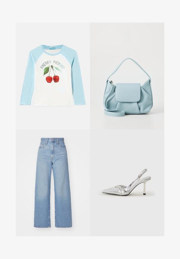 Hosszúujjú fehér ing világoskék ujjakkal, amelyen két piros cseresznye és zöld levelek láthatók, a "CHERRY PICKING" felirattal fölötte.; Világoskék, magas derekú, bő szárú farmernadrág, elülső gombbal és cipzárral, elülső és hátsó zsebekkel, fehér háttérrel.; Ezüst slingback magas sarkú cipő hegyes orral, fémszerű felülettel, két dekoratív pánttal és vékony sarkú, fekete végű dizájnnal.; Világoskék bőrtáska, felső fogantyúval, elülső fedélzsebkémmel és levehető csuklószíjjal, fehér háttér előtt.