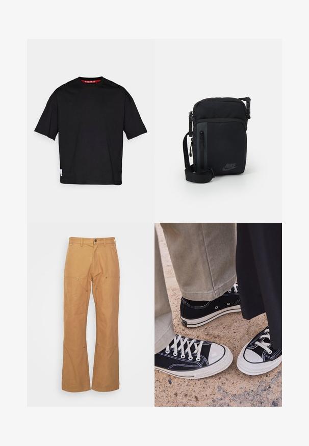 Čierne bavlnené tričko s okrúhlym výstrihom, krátkymi rukávmi a štítkom na dolnom leme. Tkanina je hladká a ľahká.; Hnedé cargo nohavice vyrobené z odolného materiálu, s bočnými vreckami, kovovými prvkami, rovný strih a bežný pás.; Čierne plátené tenisky s bielymi gumenými špičkami a šnúrkami. Kontrastné švy a kovové očká pridávajú detail. Nosené s béžovými nohavicami a čiernou látkou.; Čierna nylonová crossbody taška s uzamykateľnými priehradkami, nastaviteľným popruhom a diskrétnym logom na prednej strane. Hladká textúra a obdélnikový tvar.