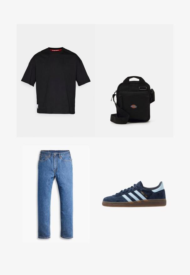 Melnas kokvilnas t-krekls ar apļa kakla izgriezumu, īsām piedurknēm un birku apakšmalā. Audums ir gluds un viegls.; Zilā denima džinsi ar taisnu piegriezumu, ar piecām kabatām, pogu aizdari un oranžiem šuvju akcentiem uz tīras baltas fona.; Jūras zilas zamša Adidas sporta apavi ar gaiši zilām strēmēm, gumijas zole, gaiši zila papēža cilpa un zelta "Spezial" emblēma sānos.; Melna pleca soma ar rāvējslēdzēja kabatu, taisnstūra forma, izgatavota no auduma, ar logotipa uzšuvi priekšpusē, regulējams plecu siksna.; Pieci sudraba gredzeni: viens ar melnu apaļu detaļu, viens ar baltu un melnu ģeometrisku rakstu, un citi ar dažādām formām un apdarēm.