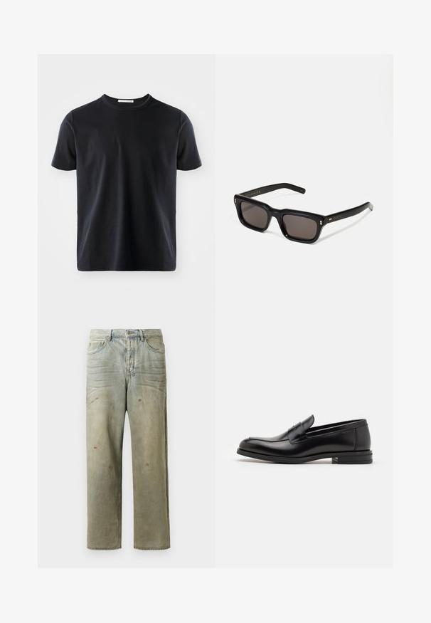 Fekete pamut póló kerek nyakkal és rövid ujjakkal. Simára szabott textúra, normál fazon, látható minták vagy díszítések nélkül.; Fakó zöld, kopott farmerszadrág, egyenes lábbal, ötk zsebes kialakítással, egyenetlen kopással és festékcseppekkel.; Fekete bőr loaferek sima textúrával, kerek orral és dekoratív pánttal a vampnál. Alacsony, rétegelt sarkú, minimalista dizájn.; Fekete téglalap alakú napszemüveg sötét lencsékkel, vastag műanyag keret, arany díszítések a szárakon, és a márka logója gravírozva a szára.