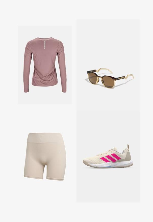 Long-sleeve top in soft mauve fabric, featuring a textured pattern, crew neck, and a label at the back with "SWEDEMOUNT" printed.; Beige athletic shorts with a wide waistband, ribbed texture, and a subtle logo on the side. The fabric appears stretchy and smooth.; Beige athletic shoe with pink three-stripe logo, textured mesh upper, padded collar, and white rubber sole, featuring "LIGHTSTRIKE" branding.; Brown, round sunglasses with a tortoiseshell and clear light yellow frame, angular arms, and textured detailing on the temples.