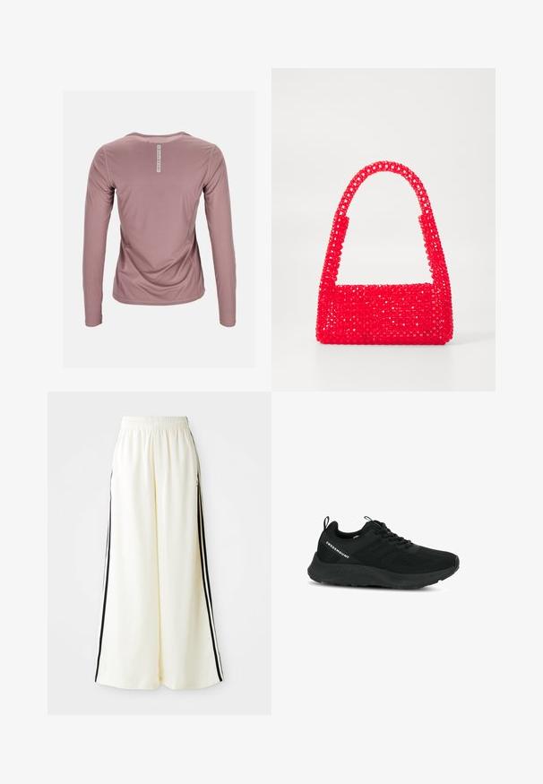 Topp med långa ärmar i mjukt mauve-tyg, med ett strukturerat mönster, rund halsringning och en etikett på baksidan med texten "SWEDEMOUNT".; Vita vida byxor med elastisk midja och svarta vertikala ränder längs yttersemsorna.; Svart sportskor med en texturerad ovandel, nätpaneler och en dämpad sula. Har snörning och en dragflik vid hälen för enkel påtagning.; Röd handväska gjort av pärlad plast, med en fyrkantig botten och ett böjt handtag. Ytan har en texturerad, blank finish med ett mönster av pärlor.