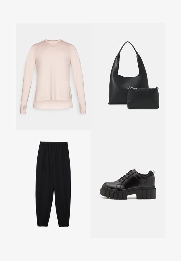 Hea roosa pika varrukaga spordipusa, valmistatud siledast kangast; sisaldab pöidlaluuke ja peegeldavat logoaktsenti rinna piirkonnas.; Mustad, kerge kangas püksid elastse vöökoha ja kokku volditud pahkluudega. Kanga pind on sile ja disain on lõdvestunud, kitsenev.; Must musta platvormsussid paksu plokkninal, ümmarguse varbaga ja traditsioonilise nööridega kinnitamisega. Sussid on sileda tekstuuriga ja minimaalsete detailidega.; Even&Odd SET - Käekott - black