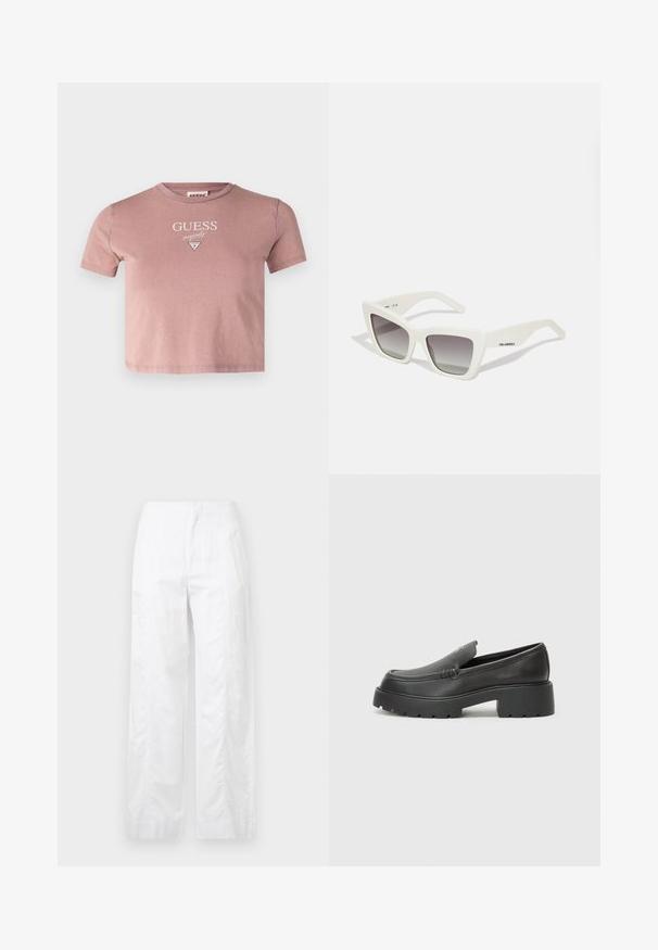 Guess Originals GO VINTAGE BAKER  - Μπλουζάκι με στάμπα - twilight lavender; Λευκά παντελόνια με φαρδιά γραμμή, κατασκευασμένα από ελαφρύ ύφασμα, με απλή υφή, καθαρές γραμμές και ψηλή ζώνη.; Μαύρα δερμάτινα loafers με στρογγυλή μύτη, χοντρή υφή σόλας και ελάχιστες ραφές. Κομψός σχεδιασμός χωρίς ορατά κορδόνια ή μεταλλικά στοιχεία.; Λευκά υπερμεγέθη γυαλιά ηλίου με ματ φινίρισμα, γωνιακό σχεδιασμό, γκρίζους φακούς με βαθμιαία απόχρωση και διακριτή σήμανση στο βραχίονα.