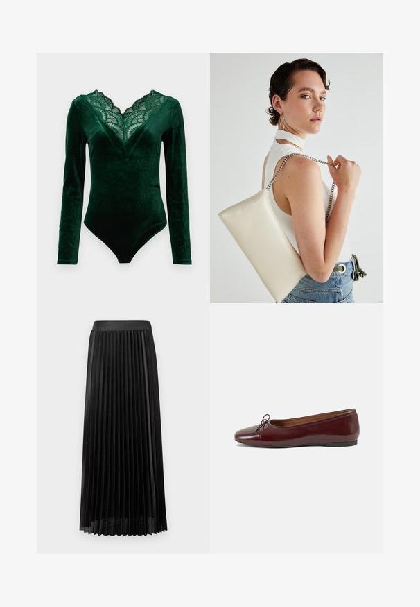 Body din catifea verde închis, cu mâneci lungi, decolteu în V cu dantelă căptușită și siluetă ajustată.; Fustă plisată neagră cu un tiv neted, realizată dintr-un material ușor. Prezintă pliseuri verticale clare și un design de lungime medie, până la glezne.; Balerini din piele patent burgund cu vârful rotund, accent de fundiță mică în față și talpă joasă din cauciuc negru. Textură netedă.; Geantă de clutch rectangulară albă, realizată dintr-un material lucios, având o curea de lanț argintie. Modelul pozează, evidențiind geanta pe un fundal simplu.