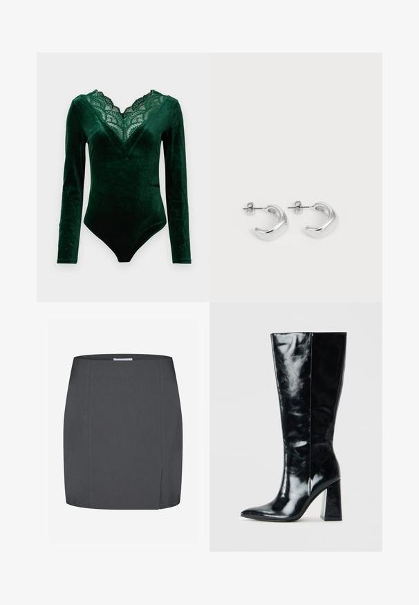 Bodysuit de terciopelo verde profundo de manga larga con escote en V de encaje con bordes ondulados y una silueta ajustada.; Envii SPLIT - Falda de tubo - grey; Botas negras hasta la rodilla hechas de cuero brillante, con punta afilada y un tacón geométrico grueso con una textura suave.; Pendientes de aro de plata con un acabado suave y pulido. Forma redonda con un diseño ligeramente curvado y bordes suaves. Cierre de pin.
