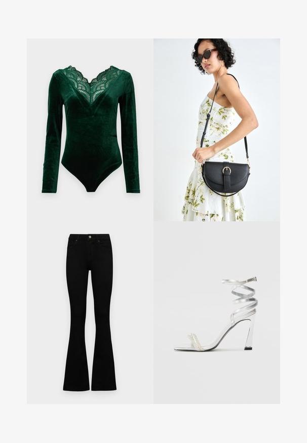 Bodysuit de veludo verde escuro com mangas longas, decote em V rendado com bordas recortadas e silhueta ajustada.; Jeans pretos em corte flared feitos de denim. Apresentam um fecho de botão, cinco bolsos e uma textura suave. A perna flared começa abaixo do joelho.; Sandalha de salto alto prateada com um design de tira brilhante, apresentando um detalhe semelhante a uma pérola e uma tira de tornozelo espiralada para um ajuste seguro.; Bolsa de couro preta com forma curva, alça destacável e detalhes em dourado. A bolsa possui uma aba com detalhe de fivela.