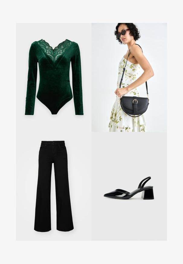 Deep green velvet long-sleeve bodysuit with scalloped lace V-neckline and a fitted silhouette.; Black wide-leg pants made of denim, featuring a structured waistband, belt loops, and front pockets. Smooth texture with a classic design.; Black patent leather slingback heels with a pointed toe and a geometric block heel. Features a sleek, minimal design and smooth texture.; Black leather handbag with a curved shape, detachable strap, and gold hardware. The bag features a flap with a buckle detail.