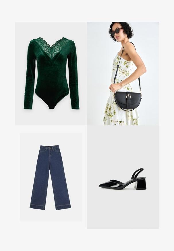 Deep green velvet long-sleeve bodysuit with scalloped lace V-neckline and a fitted silhouette.; Wide-leg jeans in dark blue denim. Features five pockets, belt loops, and a raw hem at the bottom with visible stitching details.; Black patent leather slingback heels with a pointed toe and a geometric block heel. Features a sleek, minimal design and smooth texture.; Black leather handbag with a curved shape, detachable strap, and gold hardware. The bag features a flap with a buckle detail.