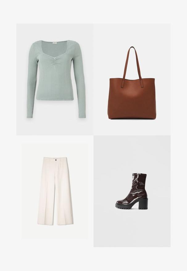 Hosszú ujjú felső texturált világoszöld anyagból. Téglalap alakú nyakkivágással és középső csavart részlettel rendelkezik. Az anyag bordás mintázattal van ellátva.; Tejbézs széles lábú nadrág, szabott kialakítással, két elülső zsebbel és egyetlen elülső gombos záródással, sima anyagból készült.; Fényes bordó bokacsizma vastag fekete sarokkal, sima felülettel és egyszerű dizájnnal. Nincsenek látható zárak vagy minták.; Barna bőr vászontáska sima textúrával, nyitott tetejű dizájnnal és két vállpánttal. Minimális varrással és látható hardver nélkül készült.