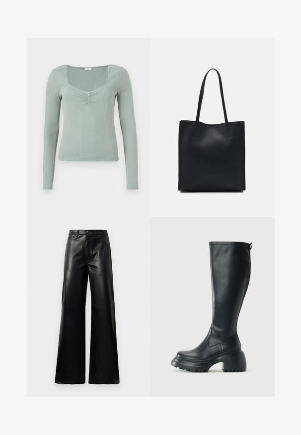 Μακριά μπλούζα με υφή σε ανοιχτό πράσινο χρώμα. Διαθέτει τετράγωνη λαιμόκοψη και κεντρική λεπτομέρεια στροφής. Ριγωτό σχέδιο σε όλη την επιφάνεια.; Μαύρες παντελόνες ψηλής μέσης, φαρδιές, από τεχνικό δέρμα με μπροστινό κουμπί, φερμουάρ, θηλιές ζώνης και πλαϊνές τσέπες σε λευκό φόντο.; Ψηλή μαύρη δερμάτινη μπότες με χοντρή πλατφόρμα και τετράγωνη τακούνι, διαθέτει λαβή και υφασμάτινη επιφάνεια στην εξωτερική σόλα.; Μαύρη δερμάτινη τσάντα tote με λείο υφή, ορθογώνιο σχήμα και δύο μακριές λαβές. Χωρίς ορατό υλικό ή διακοσμητικά στοιχεία.